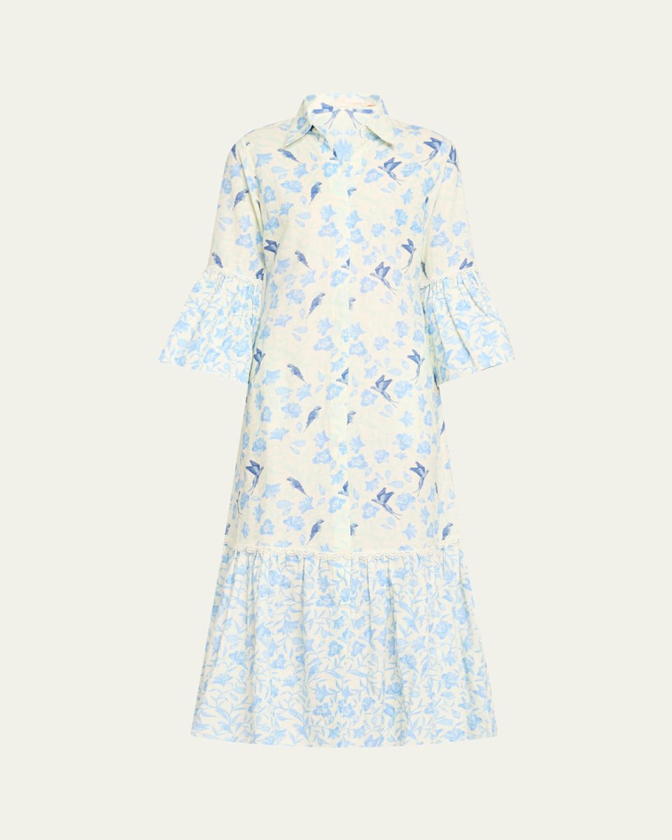 Floral Bird Linen-Cotton Midi Shirtdress
